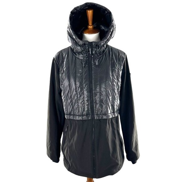 Guess Black Puffer and Softshell Hooded Parka Jacket Women's Size XL - Picture 3 of 10